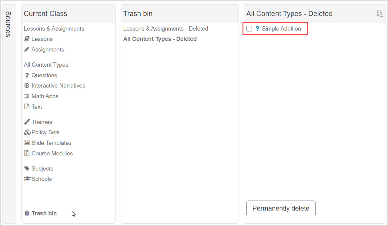 Trash bin is selected under the Current Class pane. All Content Types - Deleted is selected under the Trash bin pane.